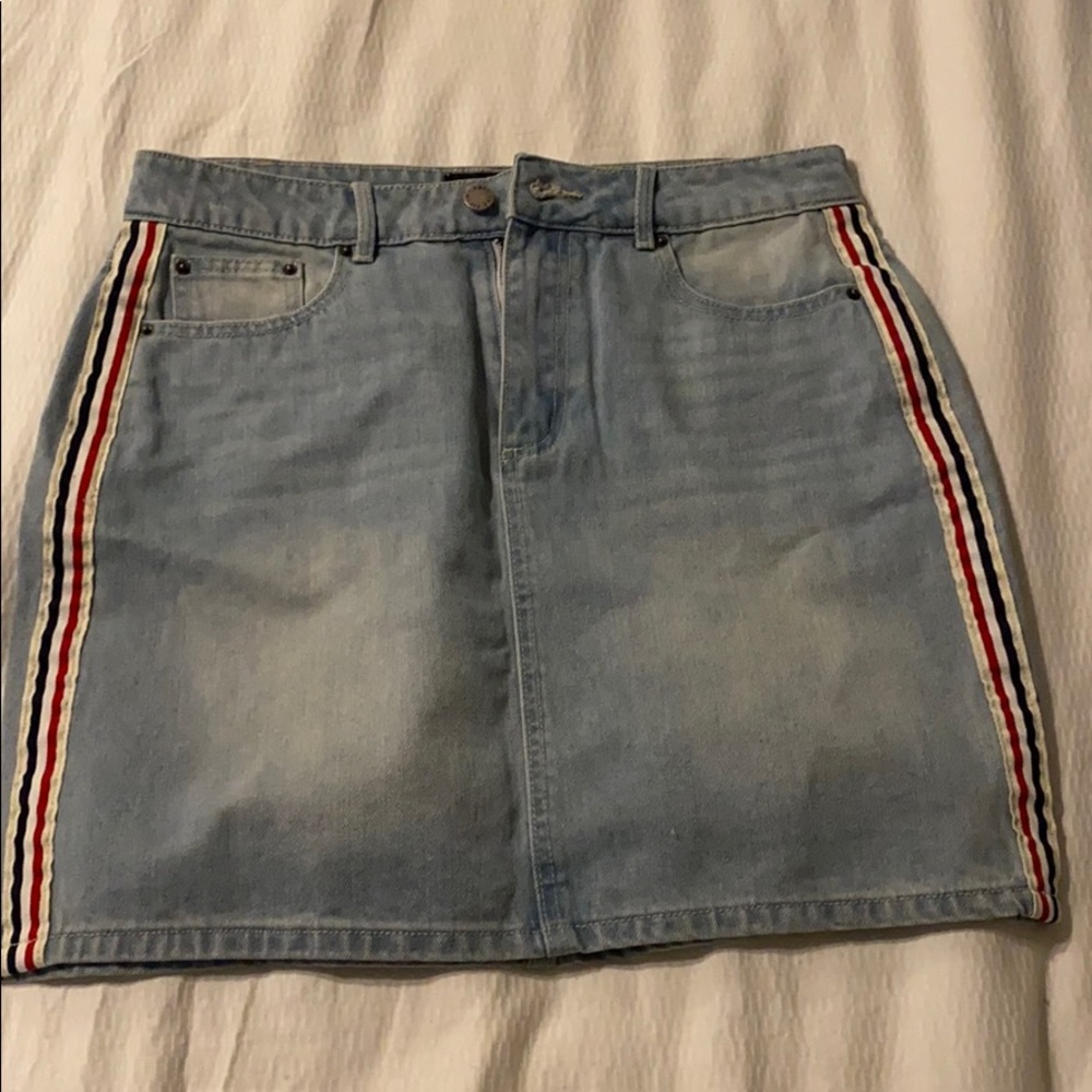 denim skirt with red white and blue stripe detail